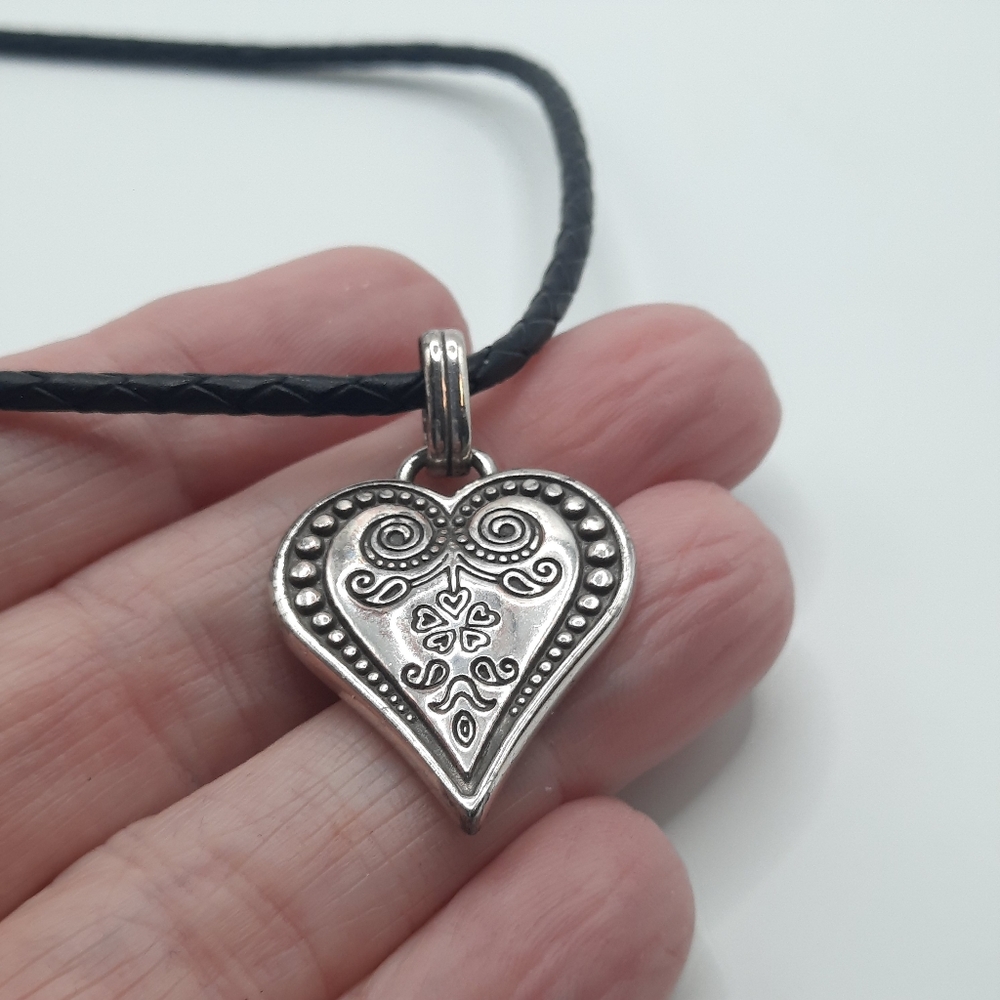 Brighton Ophelia Silver Tone Heart Pendant Leather Cord Necklace 16" - 18"